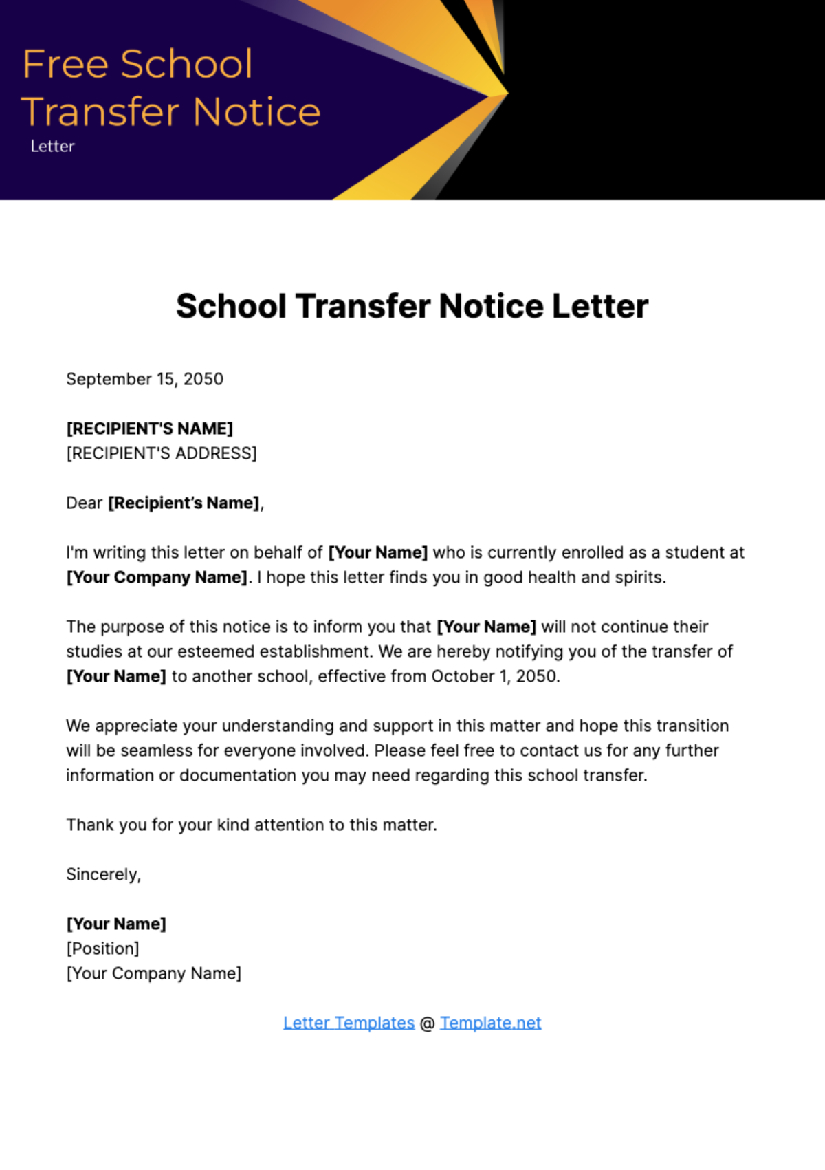 Free School Transfer Notice Letter Template