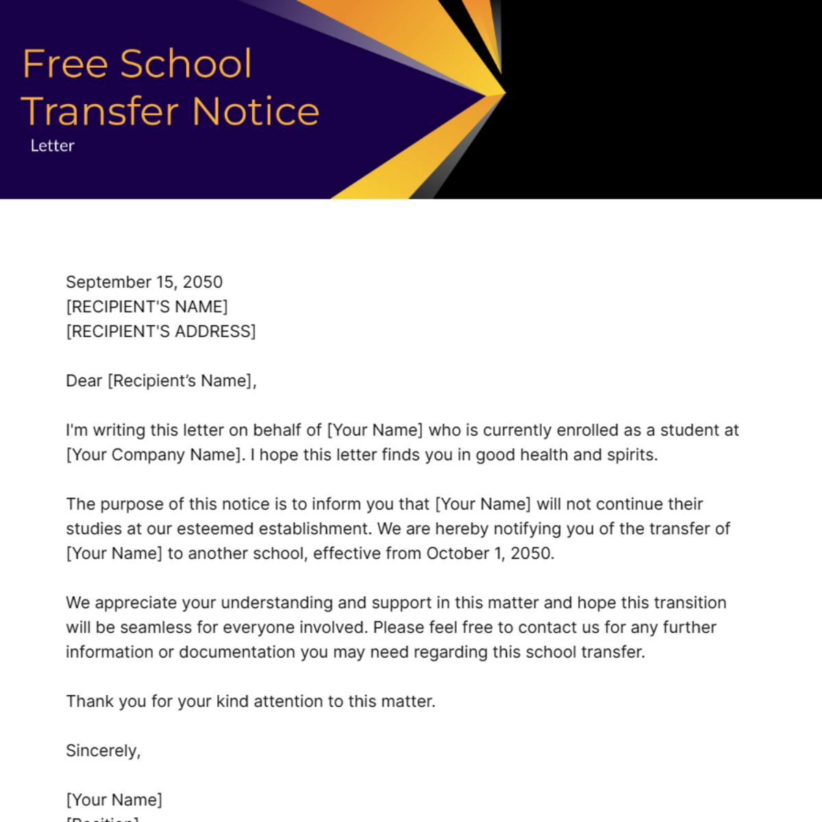 School Transfer Notice Letter Template