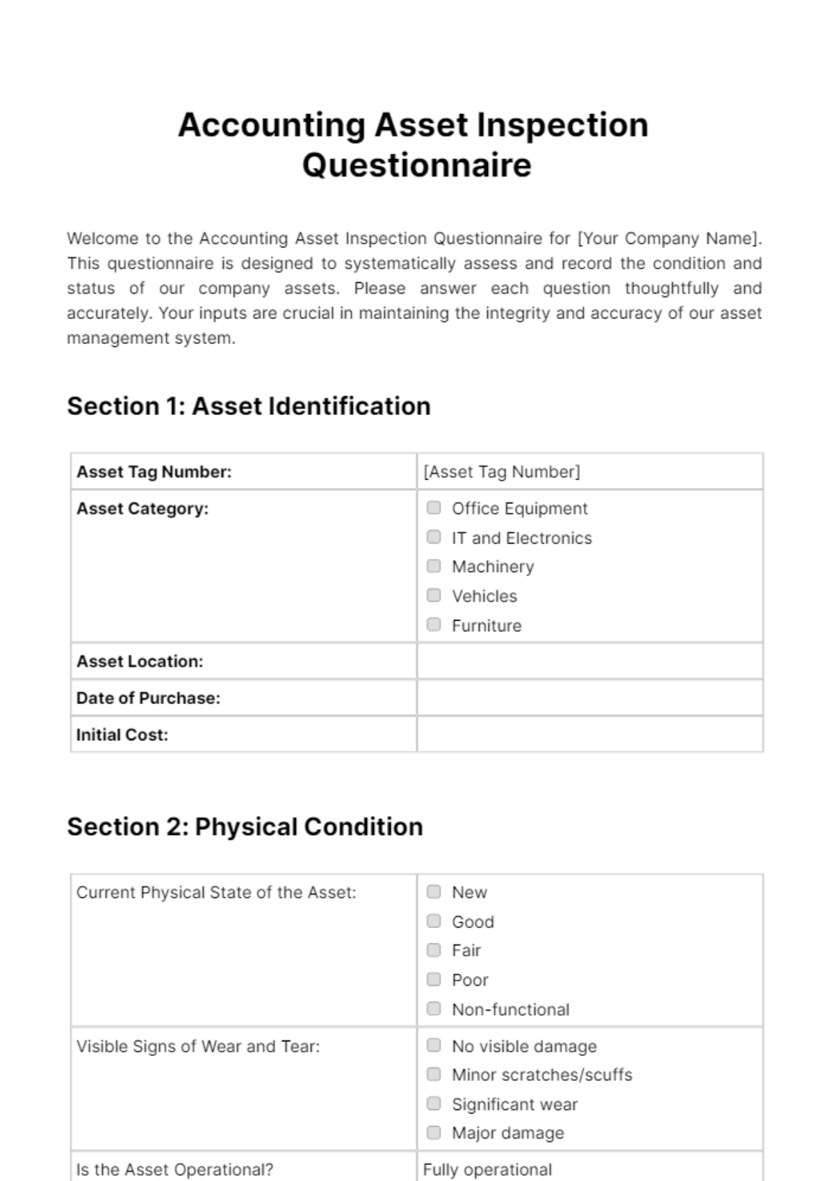 Accounting Asset Inspection Questionnaire Template