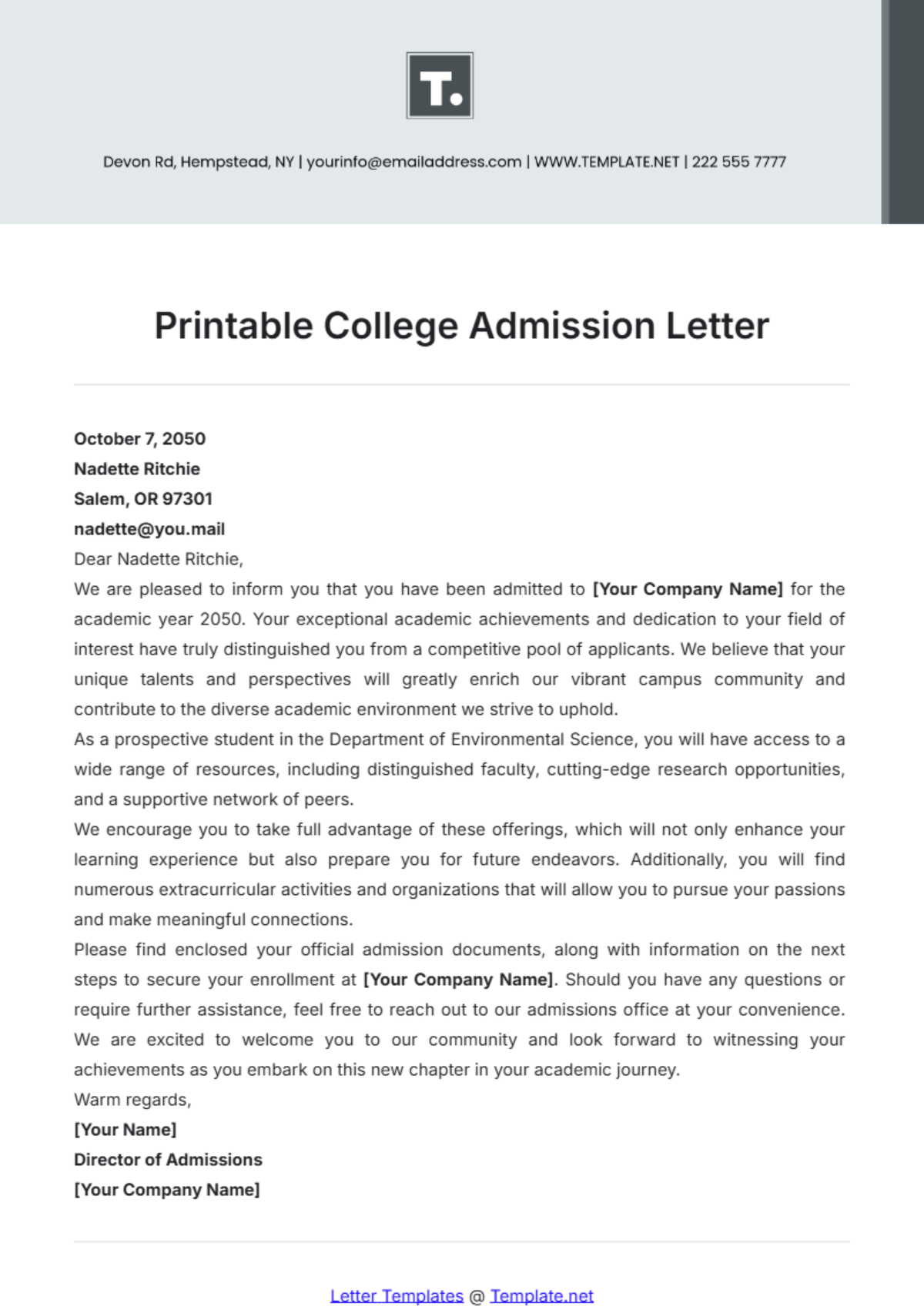 Printable College Admission Letter - Edit Online & Download