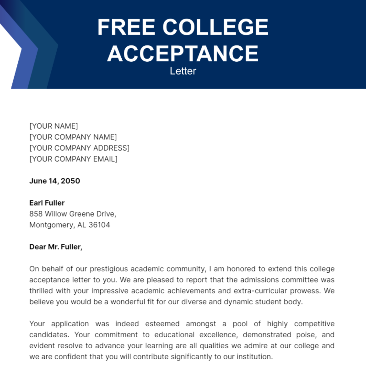 College Acceptance Letter template
