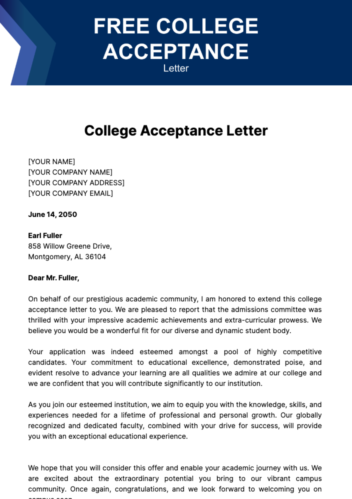 Free College Acceptance Letter template