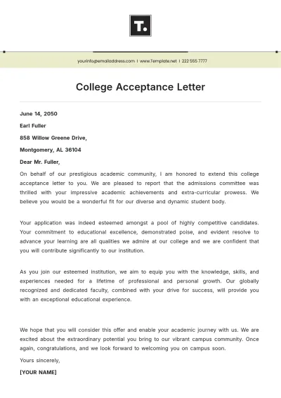 Free College Acceptance Letter template to Edit Online