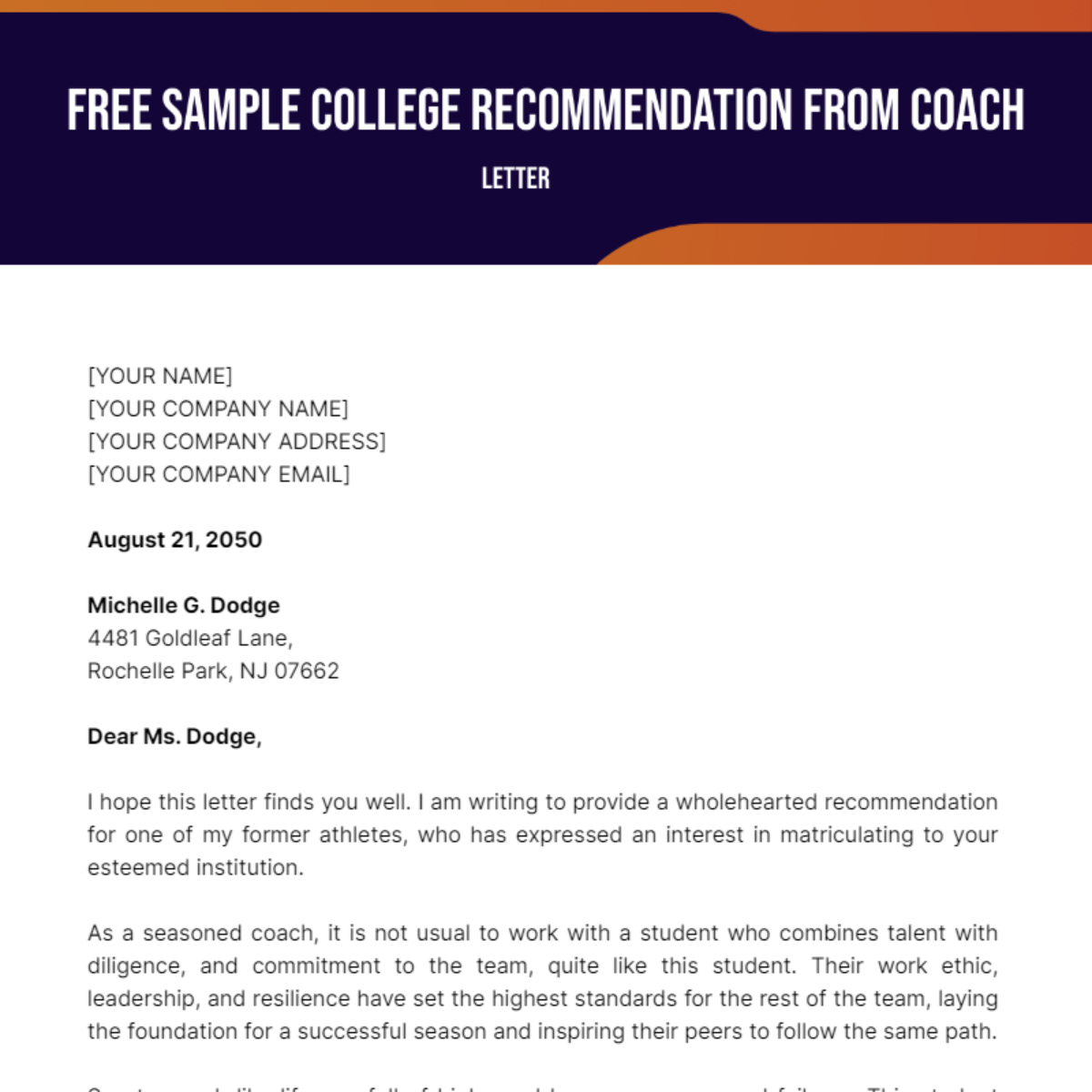Sample College Letter of Recommendation from Coach Template