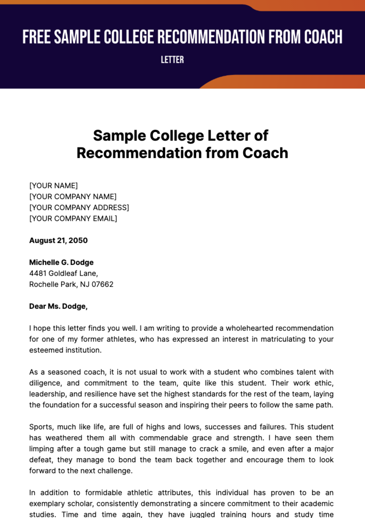 Free Sample College Letter of Recommendation from Coach Template