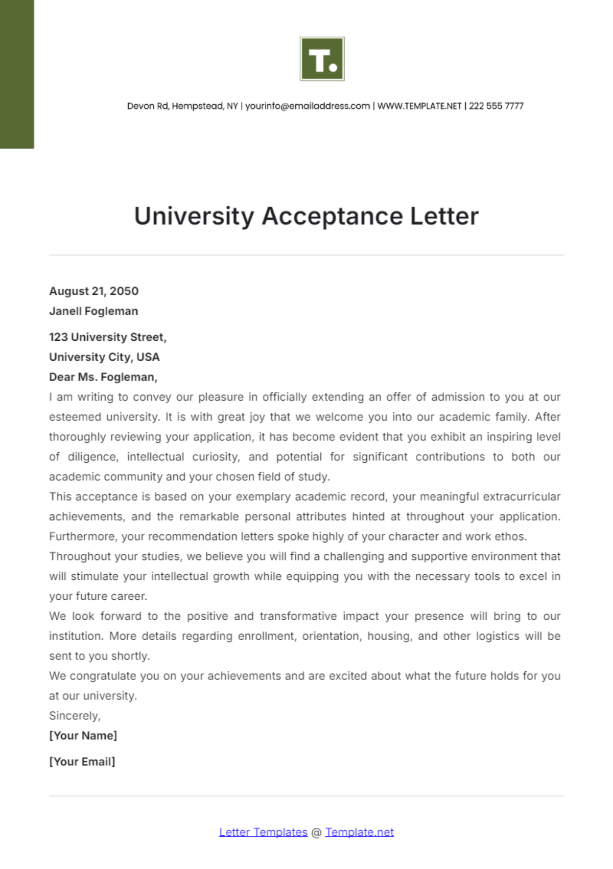 University Acceptance Letter Template - Edit Online & Download