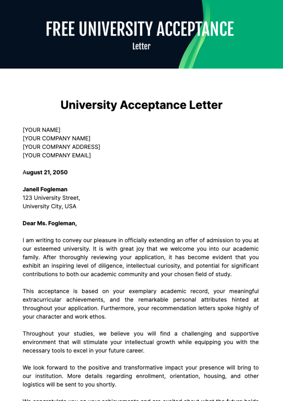 Free University Acceptance Letter Template