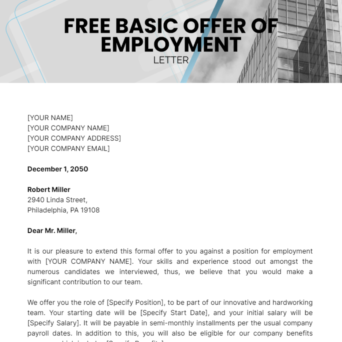 Basic Offer of Employment Letter Template