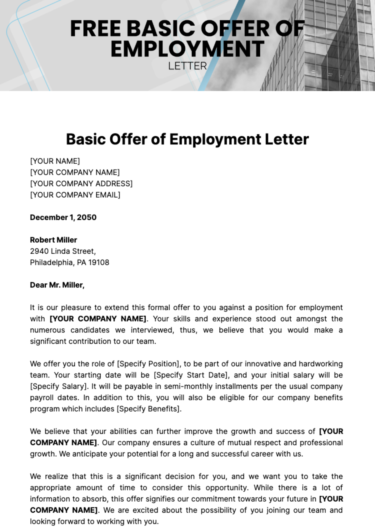 Free Basic Offer of Employment Letter Template