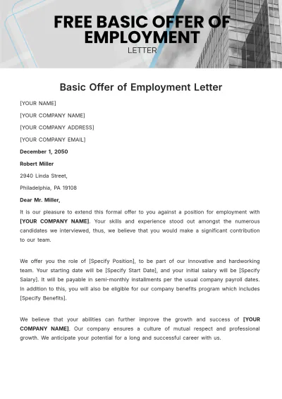 Free Basic Offer of Employment Letter Template to Edit Online