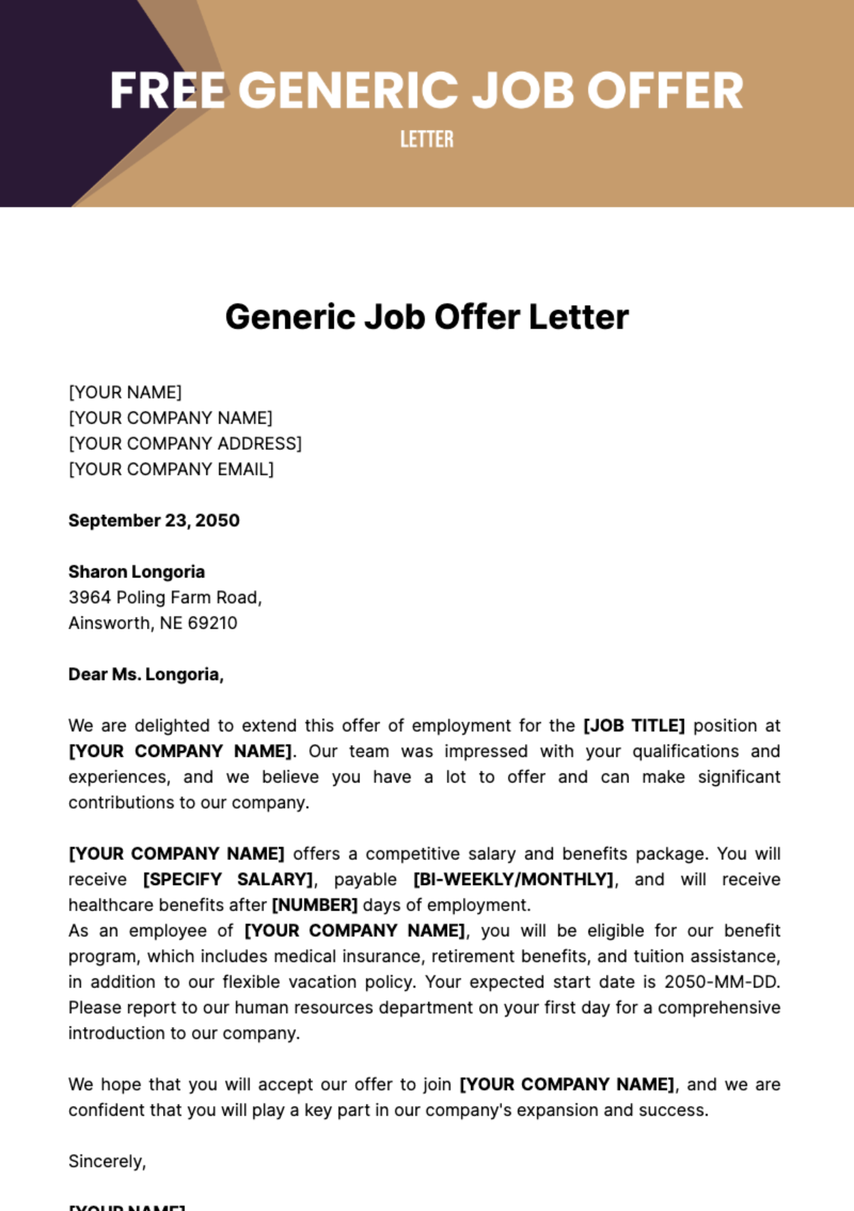 Free Generic Job Offer Letter Template