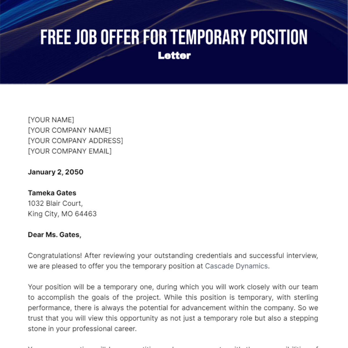 Job Offer Letter for Temporary Position Template