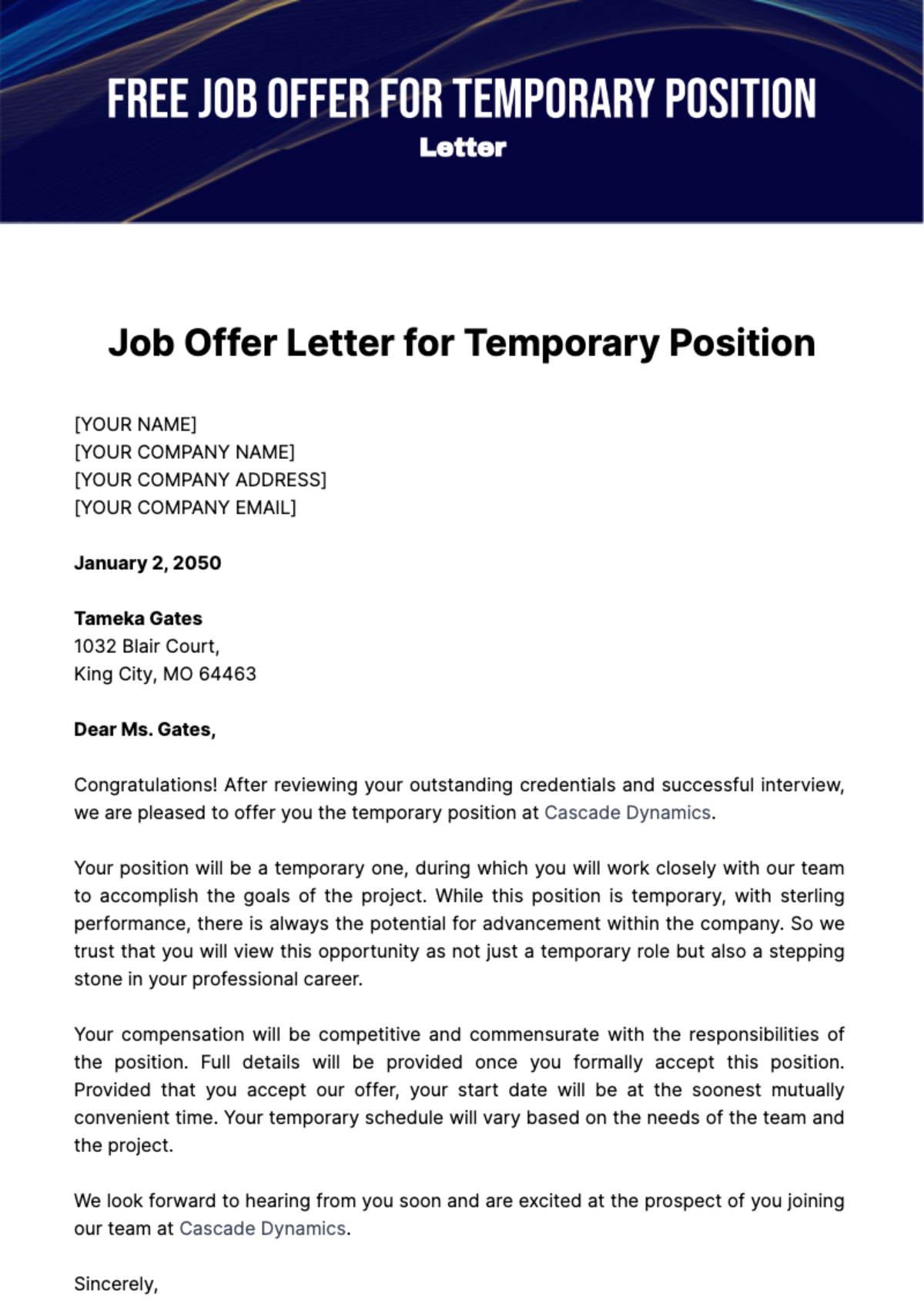 Free Job Offer Letter for Temporary Position Template