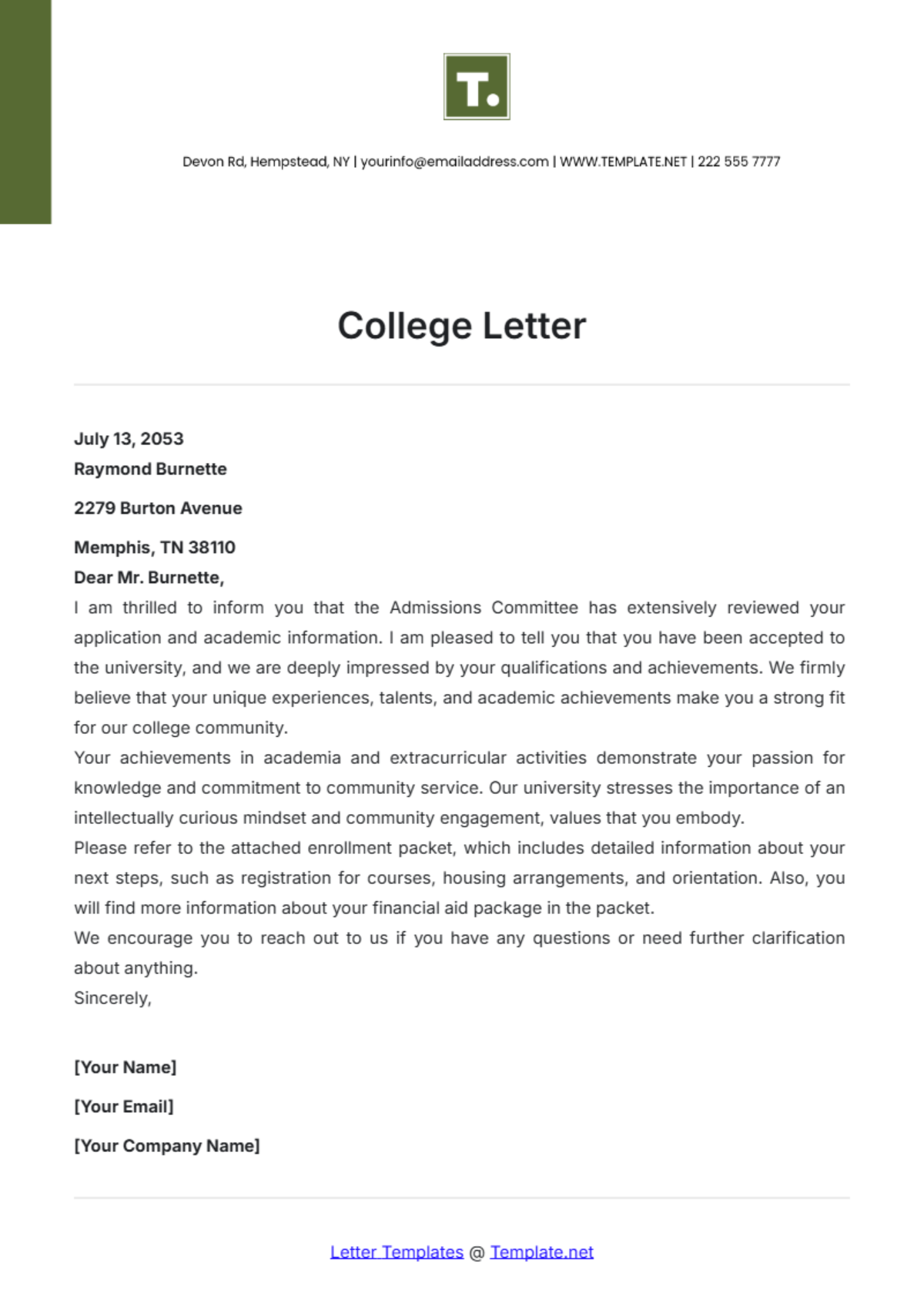 College Letter Template - Edit Online & Download