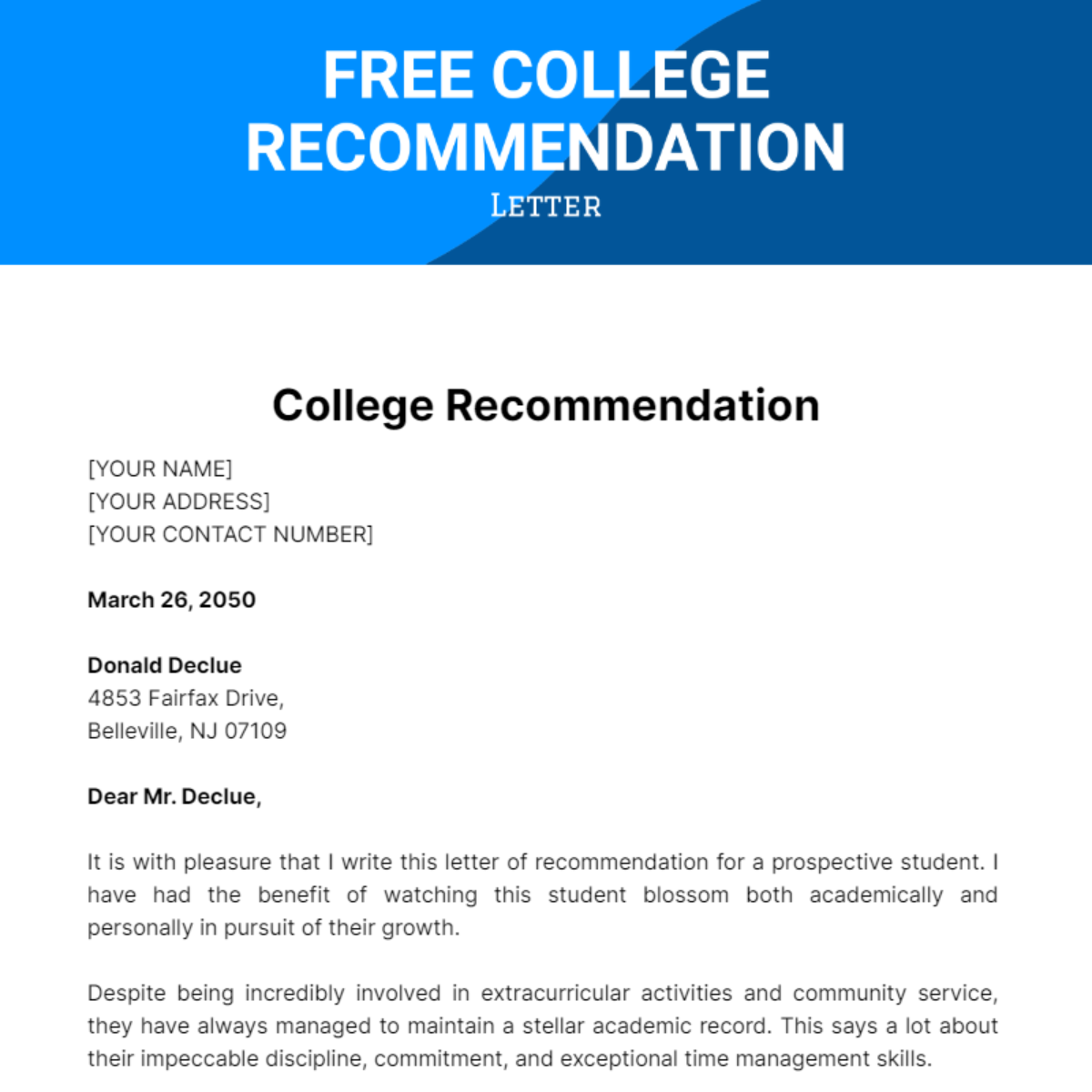 Free College Recommendation Letter template