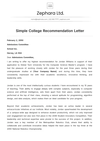 Free College Recommendation Letter Template to Edit Online