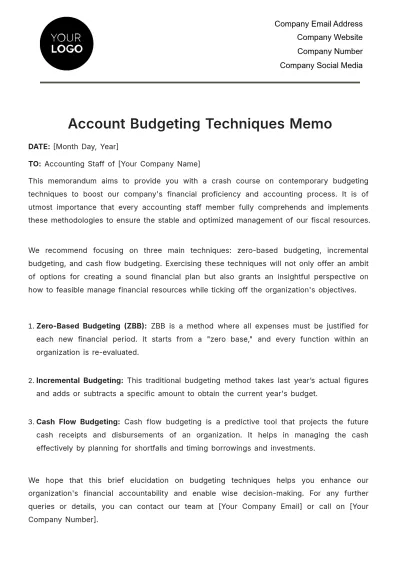 Free Account Budgeting Techniques Memo Template to Edit Online