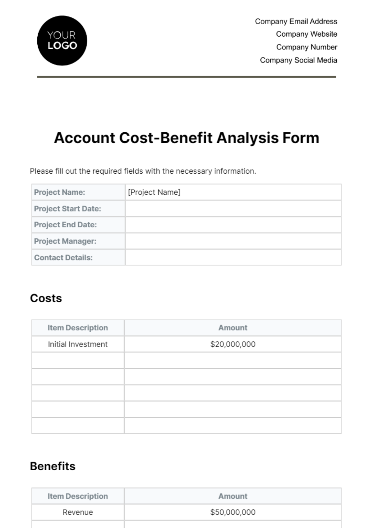 Account Cost-Benefit Analysis Form Template