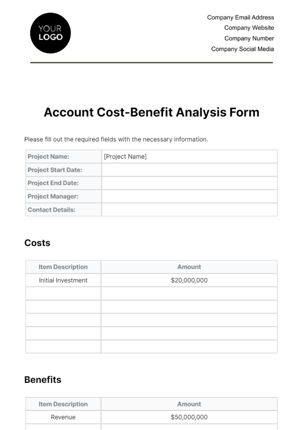 Account Cost-Benefit Analysis Form Template - Edit Online & Download