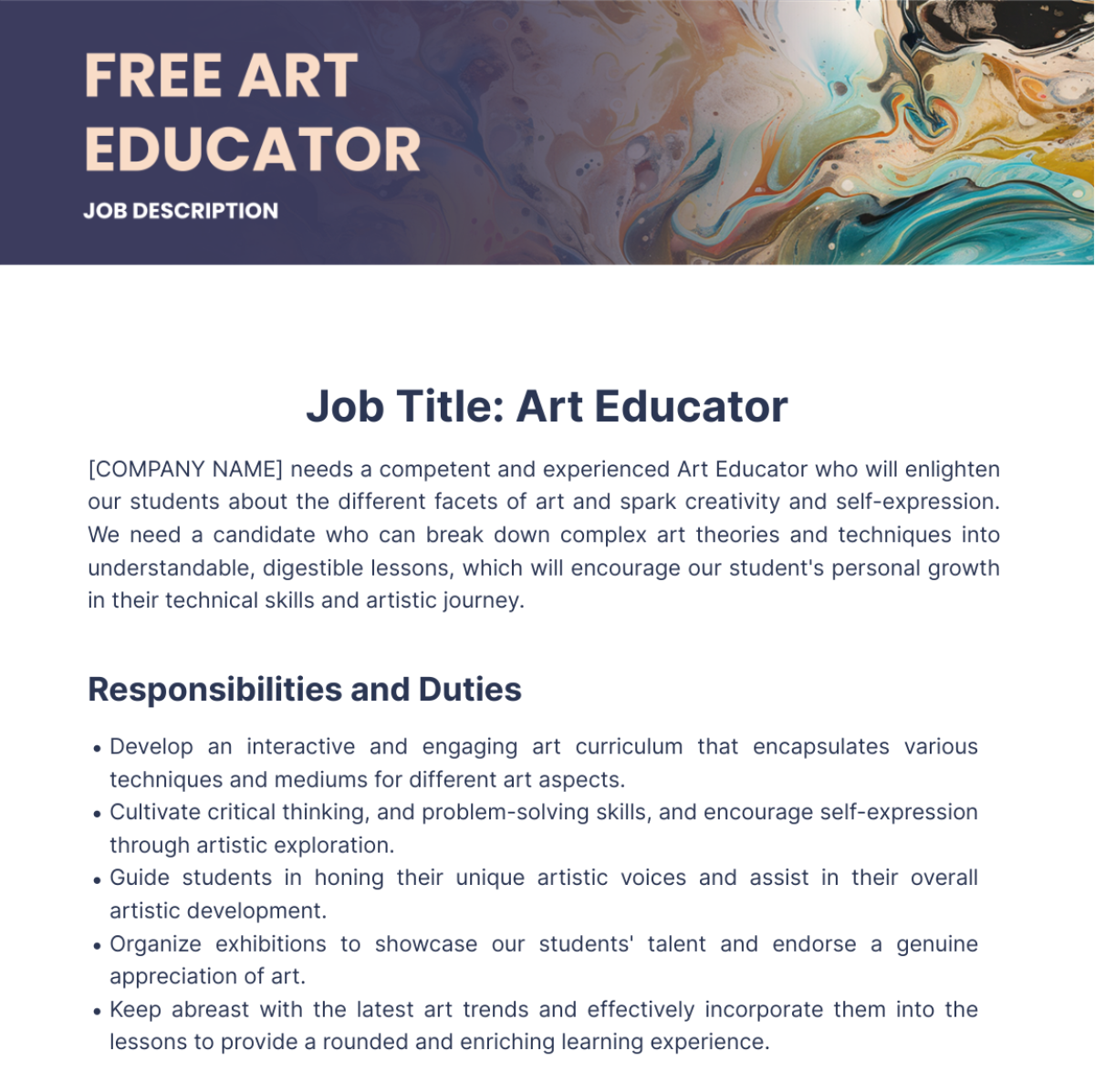 Art Educator Job Description Template