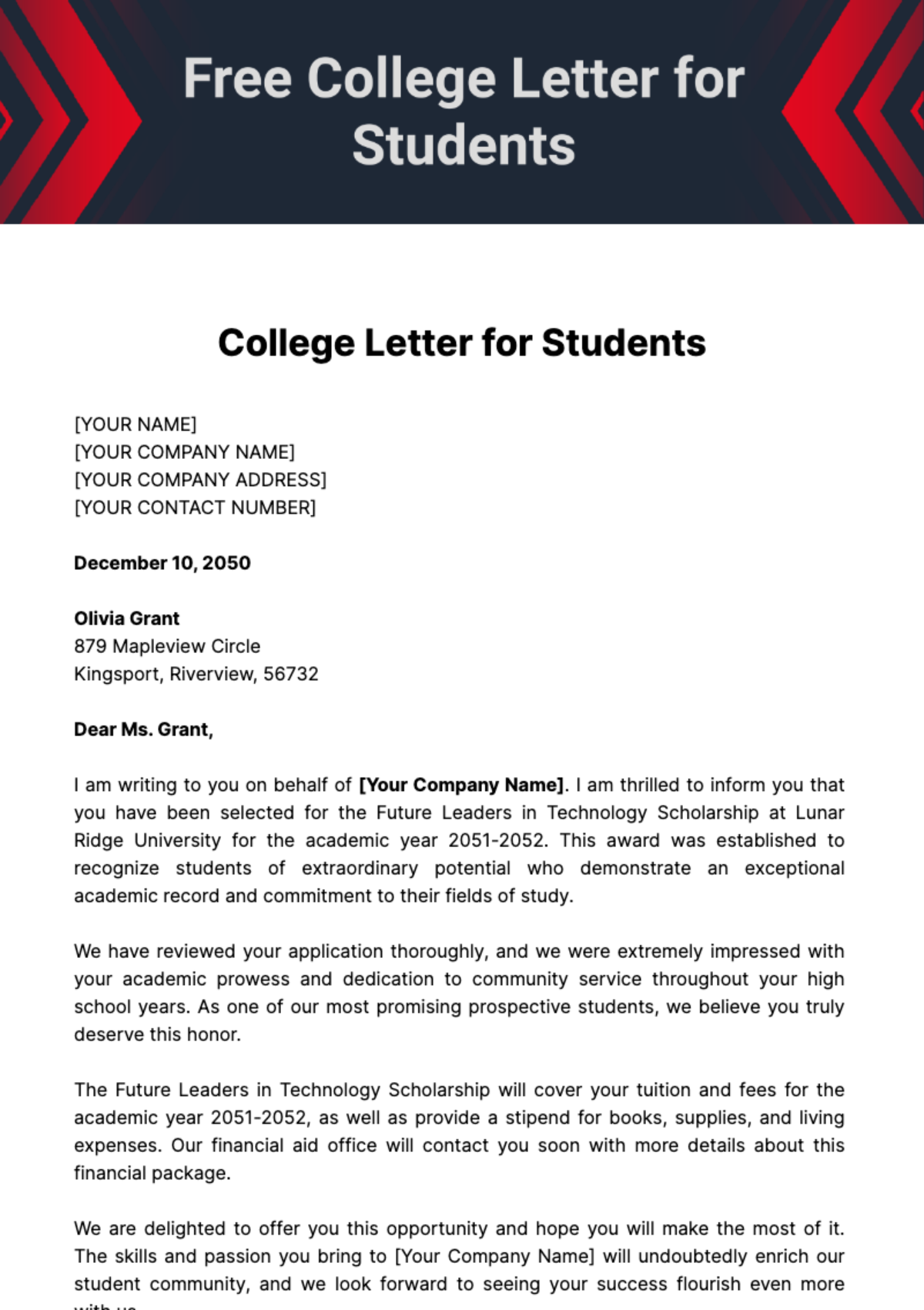 Free College Letter for Students Template