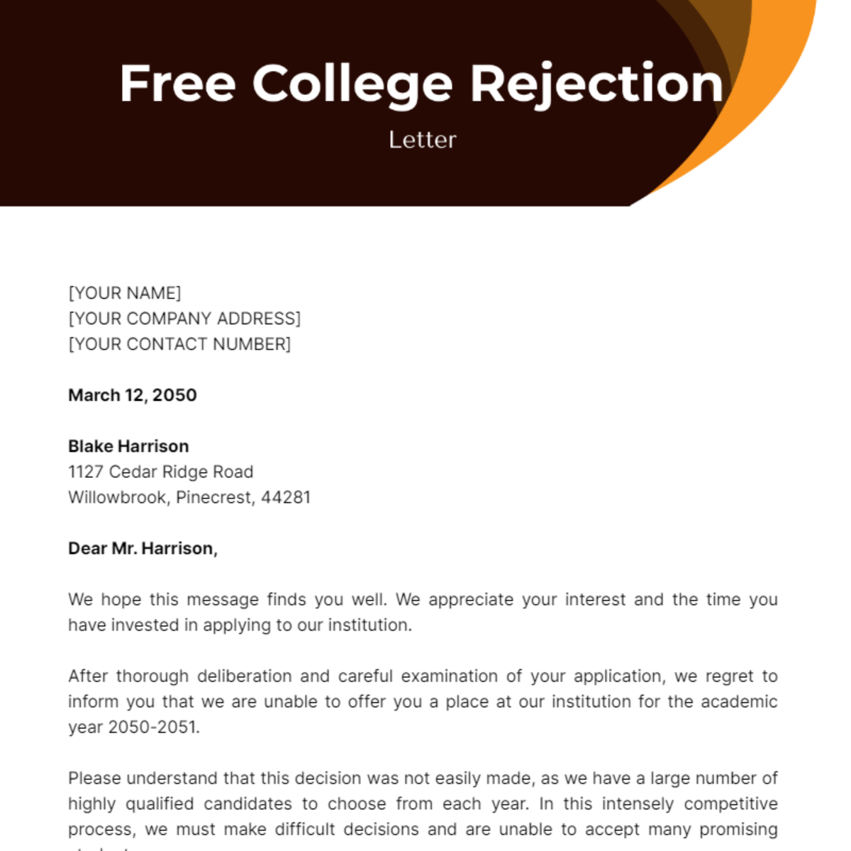 College Rejection Letter Template