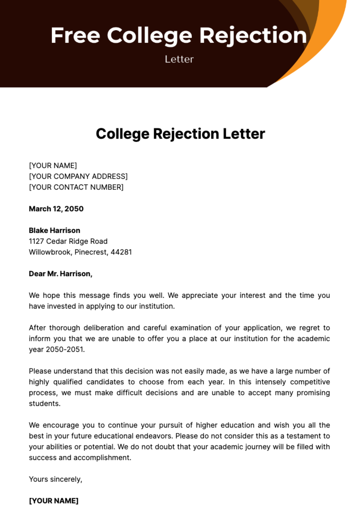 Free College Rejection Letter Template
