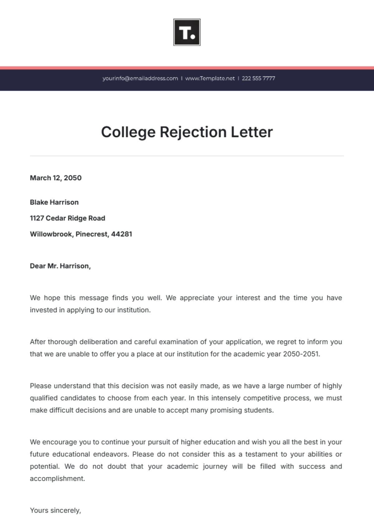 College Rejection Letter Template - Edit Online & Download