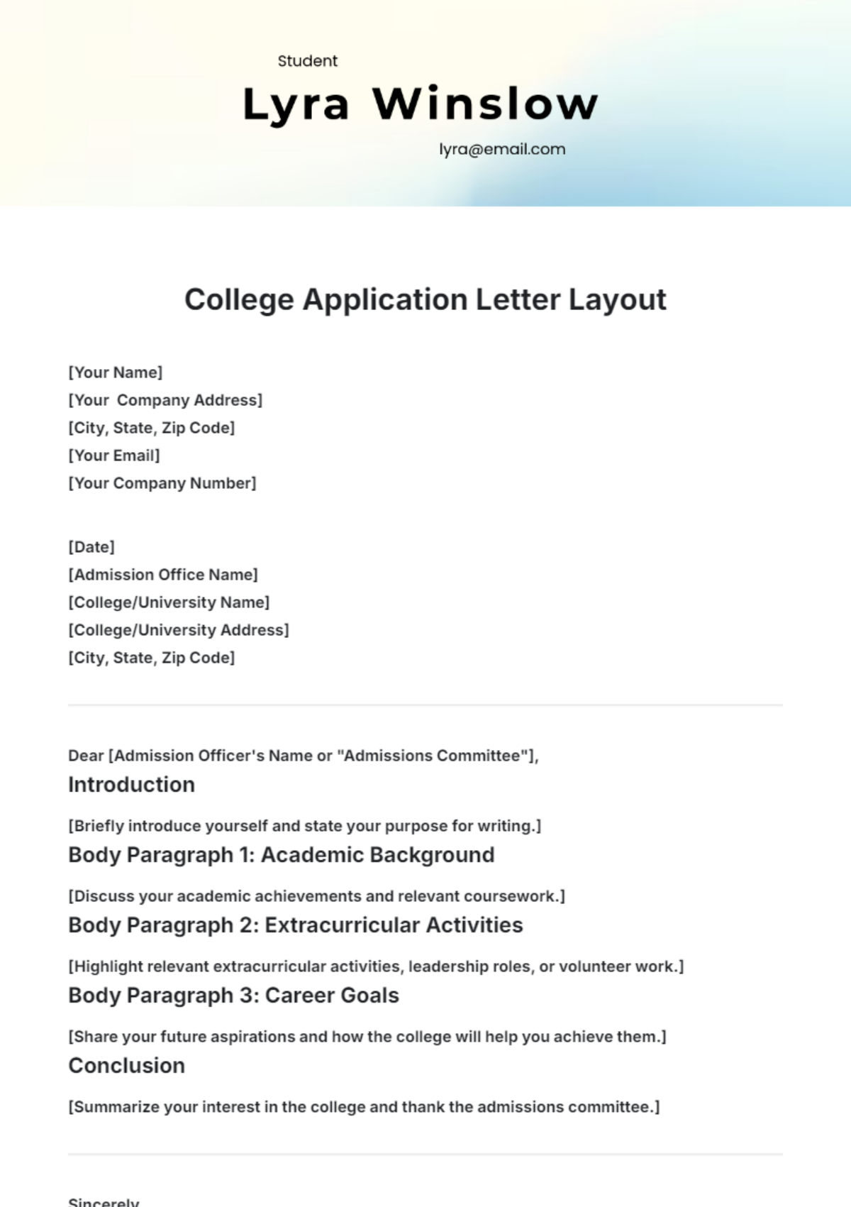 College Application Letter Layout Template - Edit Online & Download