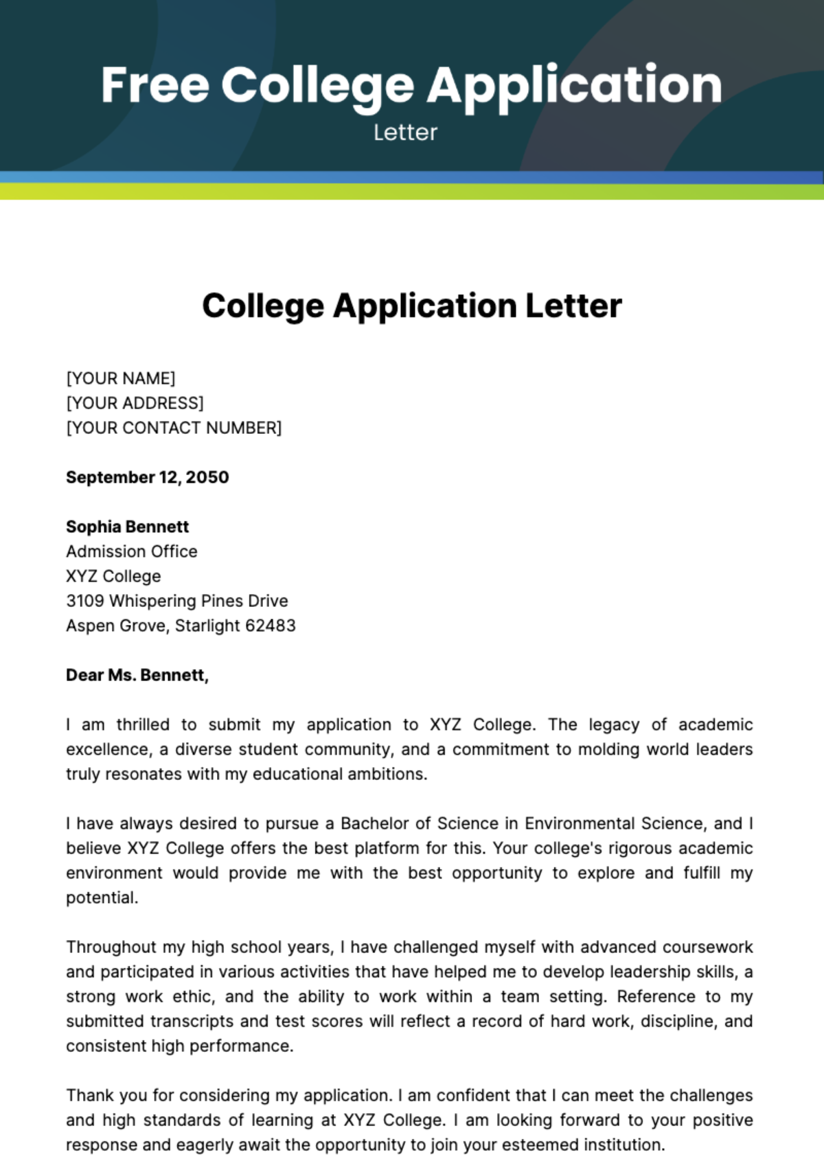 Free College Application Letter Template