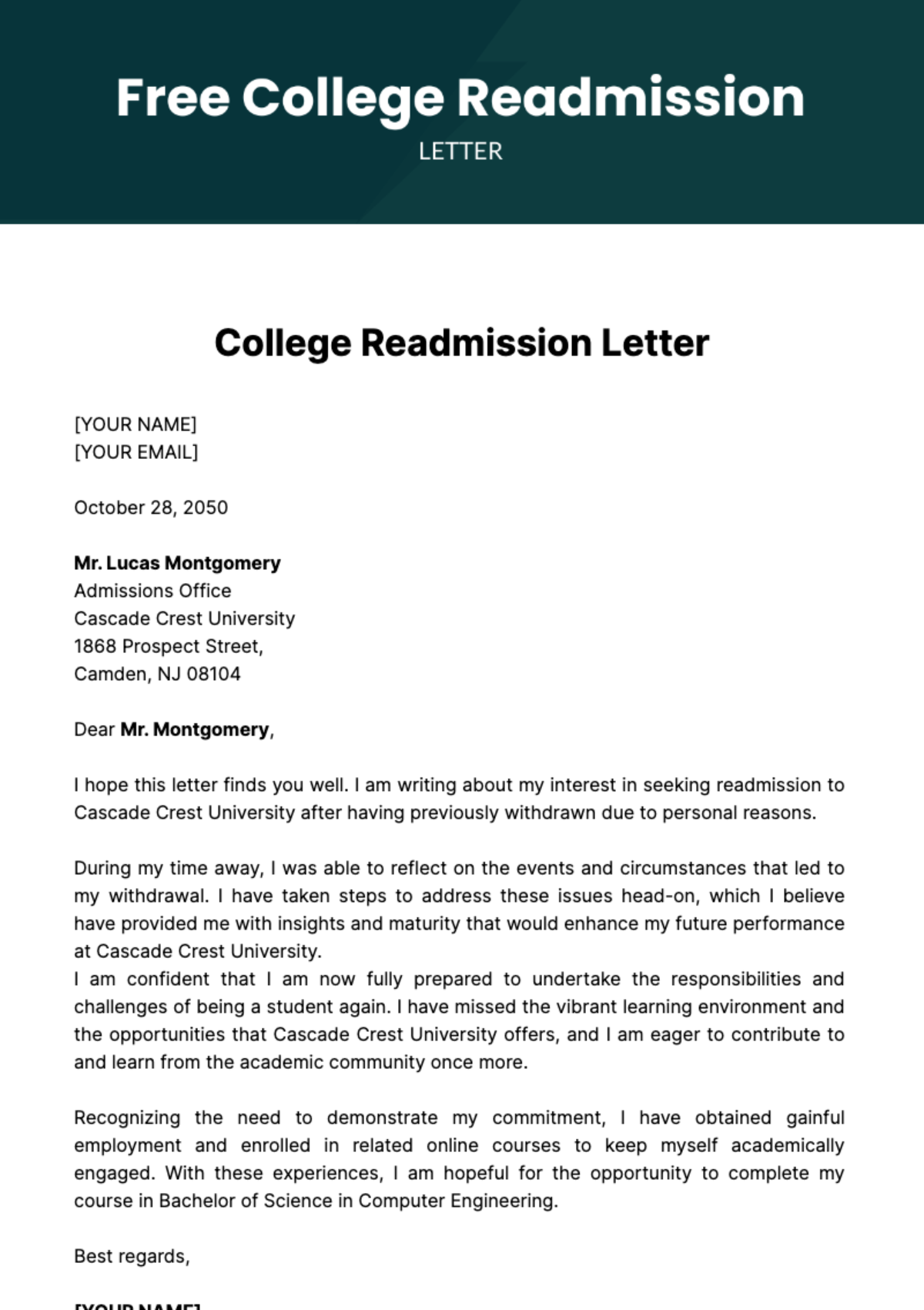 Free College Readmission Letter Template