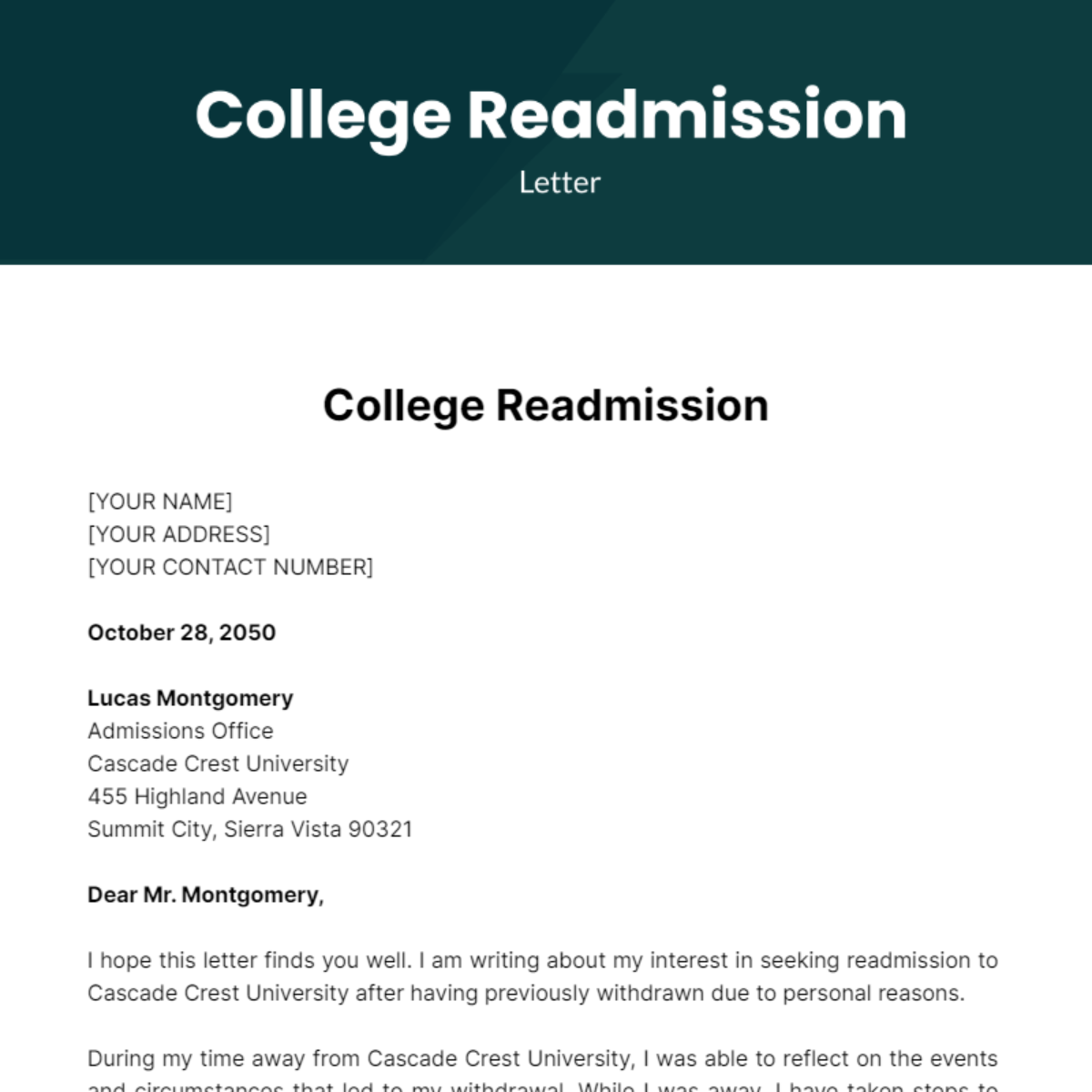 College Readmission Letter Template Edit Online & Download Example