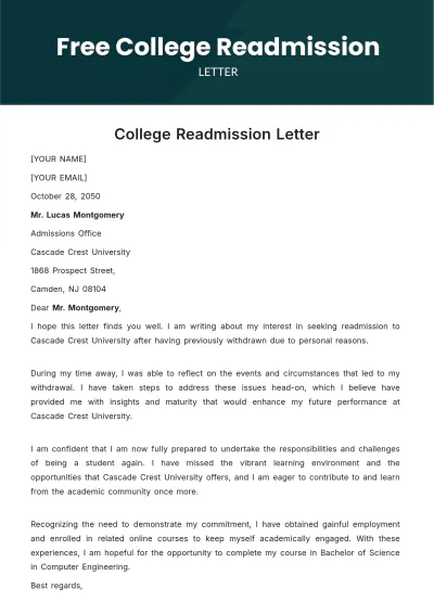 Free College Readmission Letter Template to Edit Online