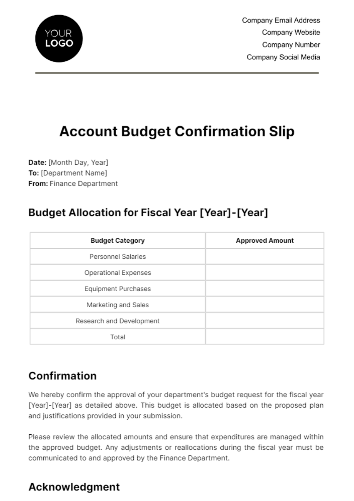 Free Account Budget Confirmation Slip Template