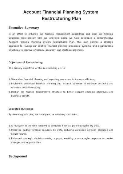 Free Account Financial Planning System Restructuring Plan Template to Edit Online