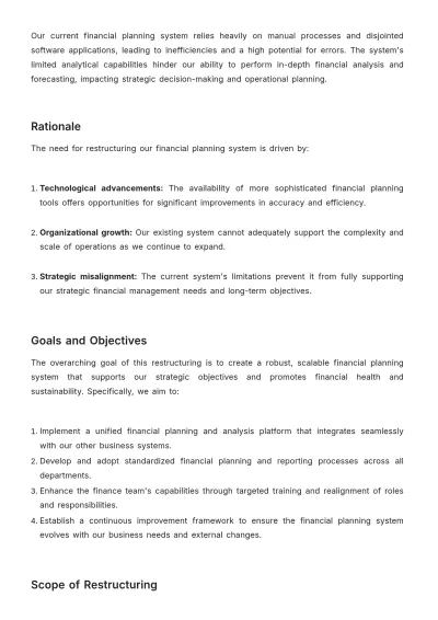 Free Account Financial Planning System Restructuring Plan Template to Edit Online