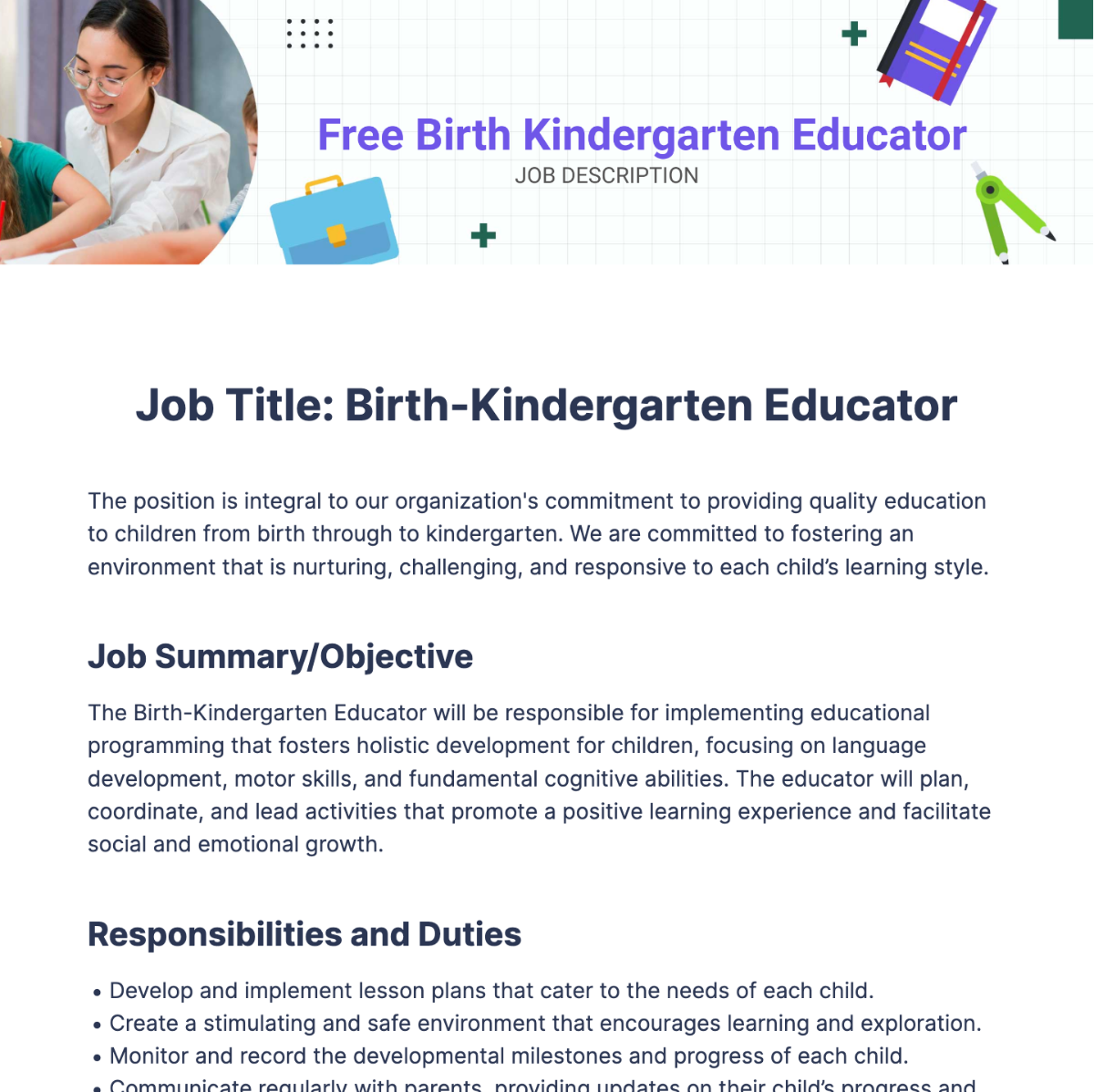 Free Birth Kindergarten Educator Job Description Template