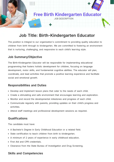 Free Birth Kindergarten Educator Job Description Template to Edit Online