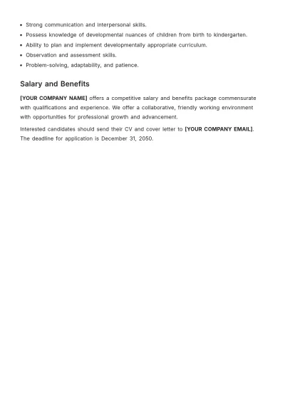 Free Birth Kindergarten Educator Job Description Template to Edit Online