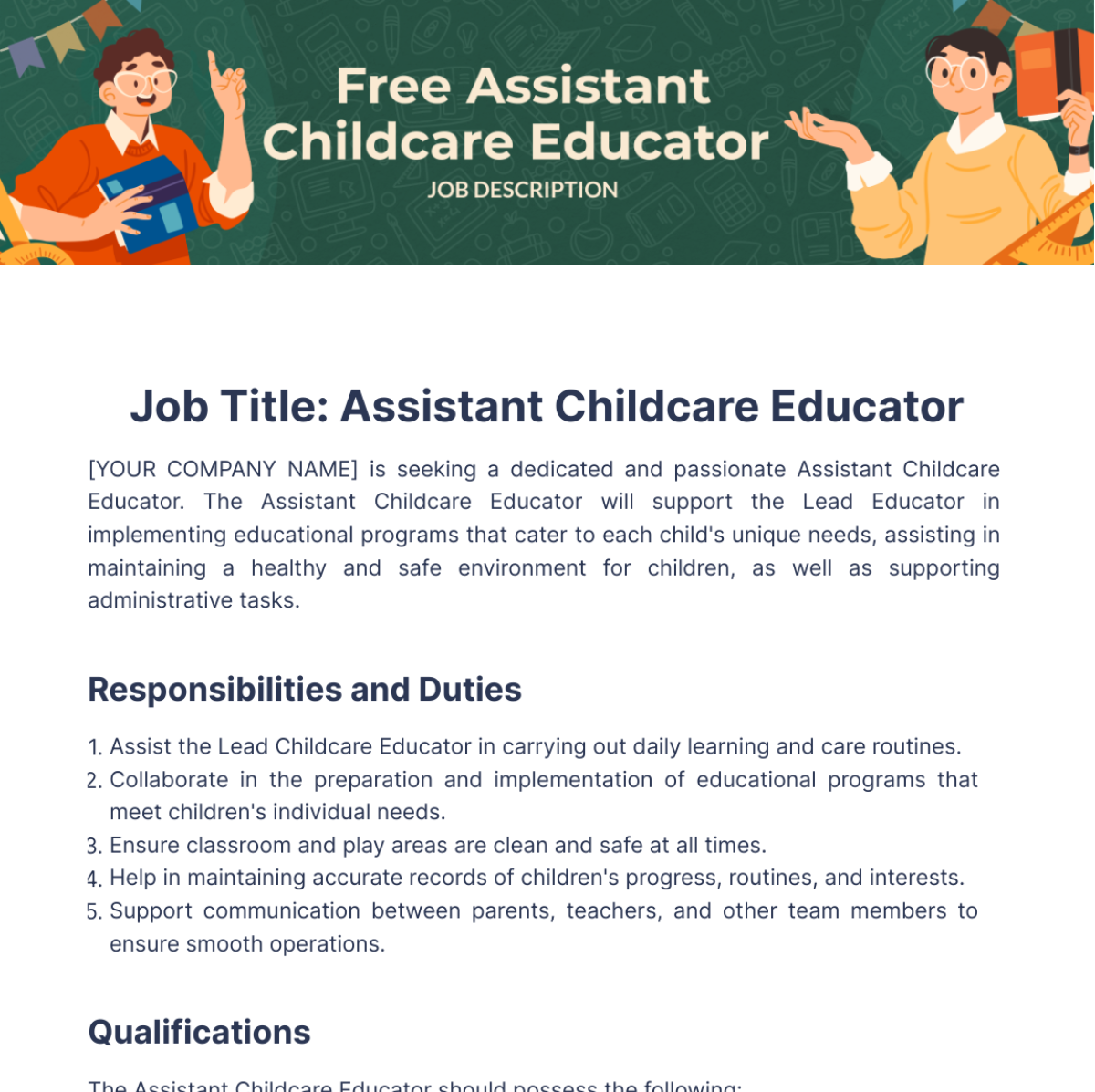 Assistant Childcare Educator Job Description Template