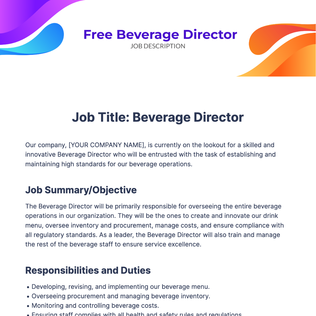 Beverage Director Job Description Template