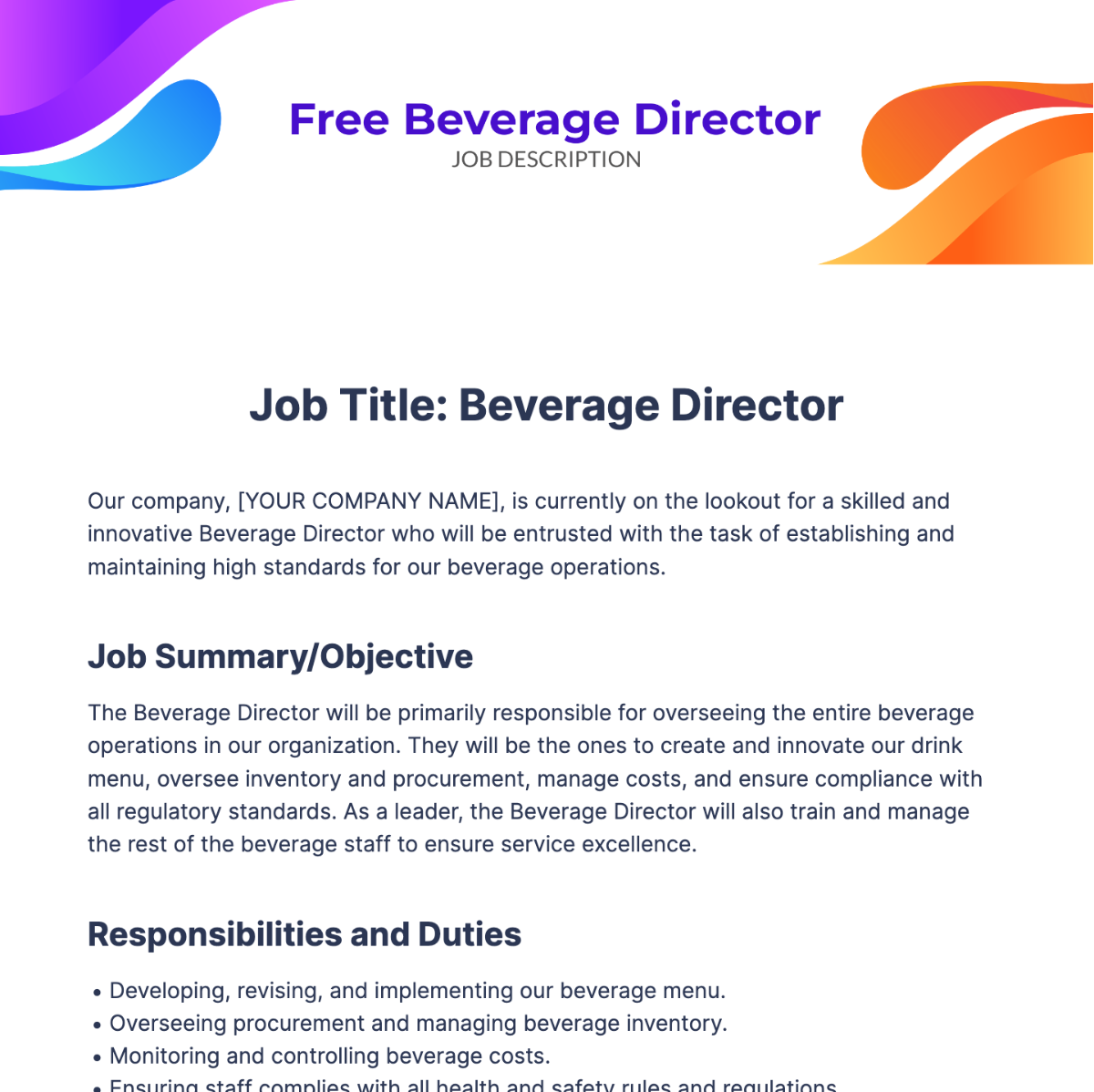 Beverage Director Job Description Template Edit Online & Download