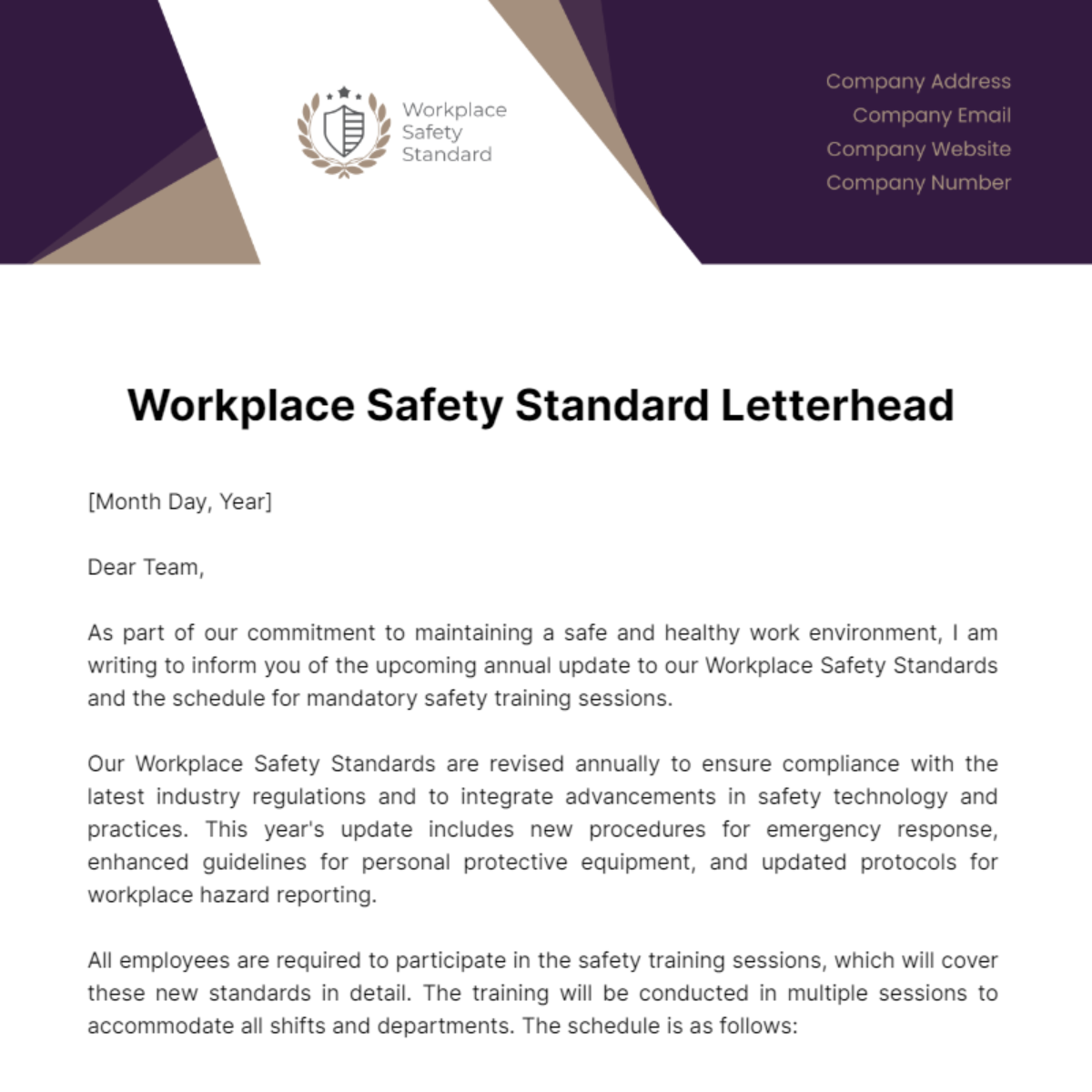Workplace Safety Standard Letterhead Template