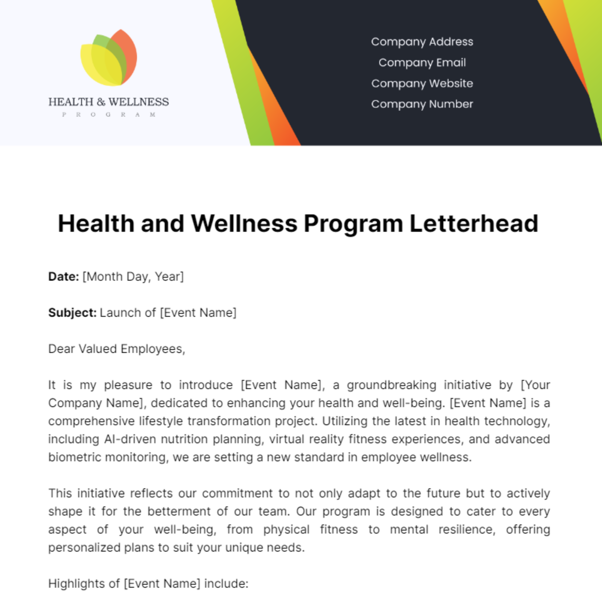 Free Health and Wellness Program Letterhead Template