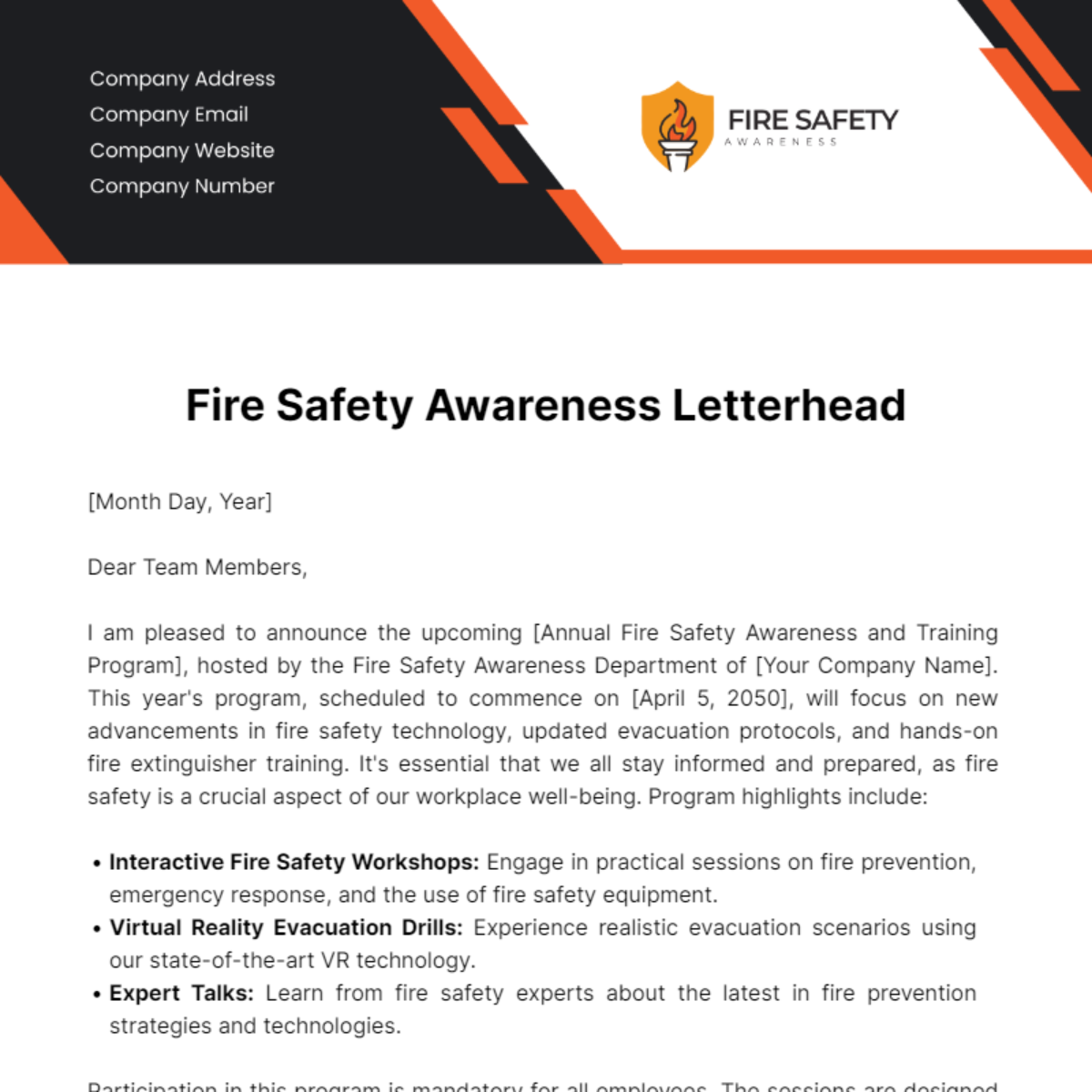 Fire Safety Awareness Letterhead Template