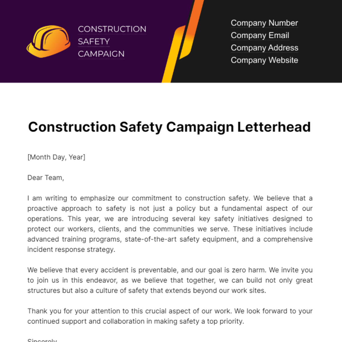 Free Construction Safety Campaign Letterhead Template