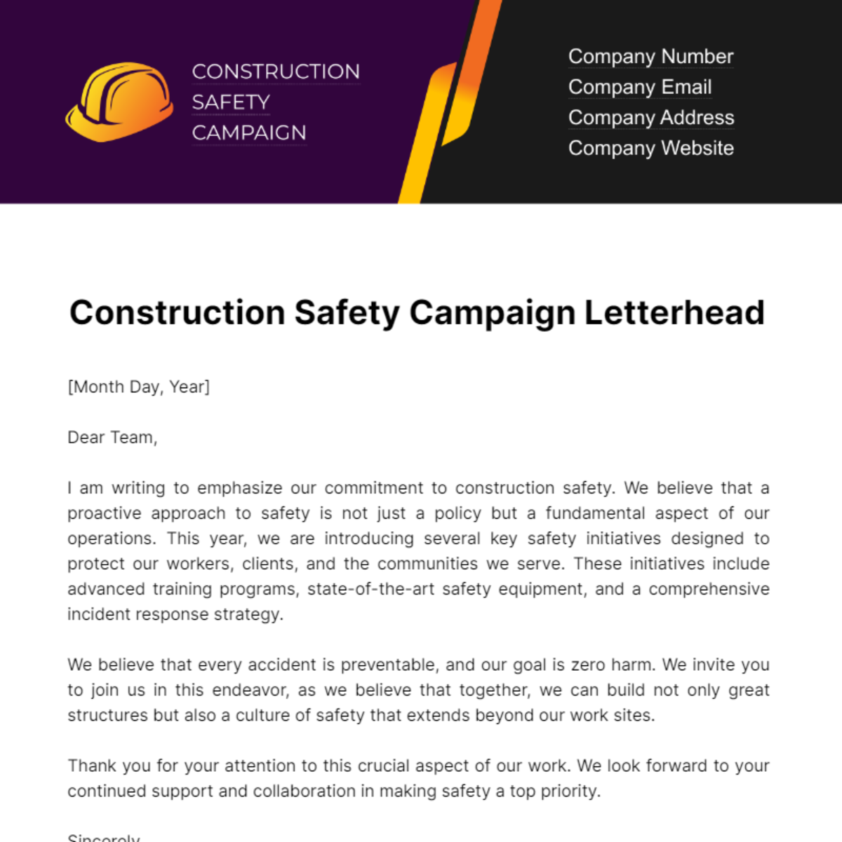 Construction Safety Campaign Letterhead Template - Edit Online & Download