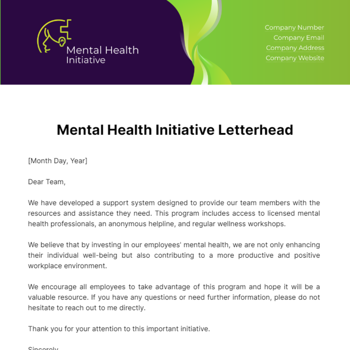 Free Mental Health Initiative Letterhead Template