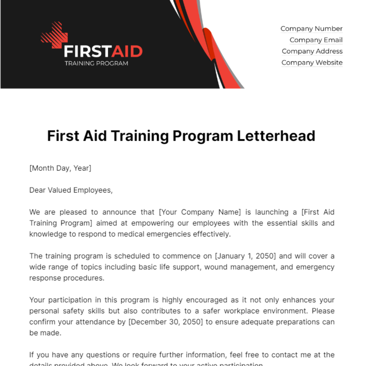 Free First Aid Training Program Letterhead Template