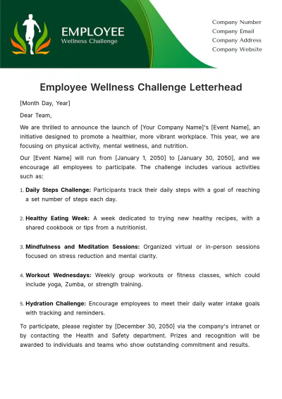 Free Employee Wellness Challenge Letterhead Template to Edit Online